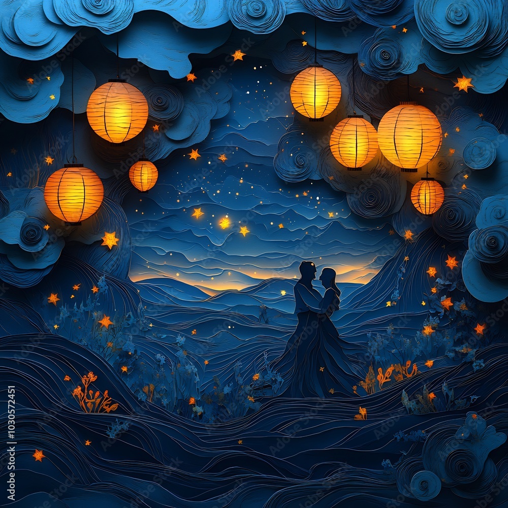 Aufkleber dynamic paper cut style illustration featuring lanterns and swirling patterns in shades of blue and 