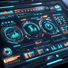 Obraz premium Futuristic user interface with vibrant data visualization, graphs, and analytics for advanced technology systems.