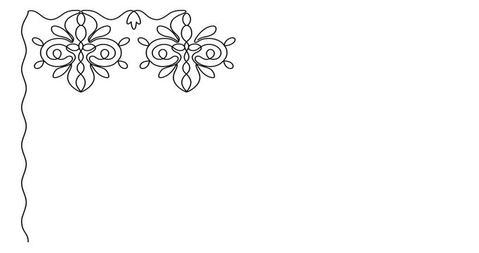 Lace frame, border with an ornate pattern, drawn in one continuous line in minimalism, online artistic animation, continuous movement of the outline of the drawing, video linear drawing in 4k format