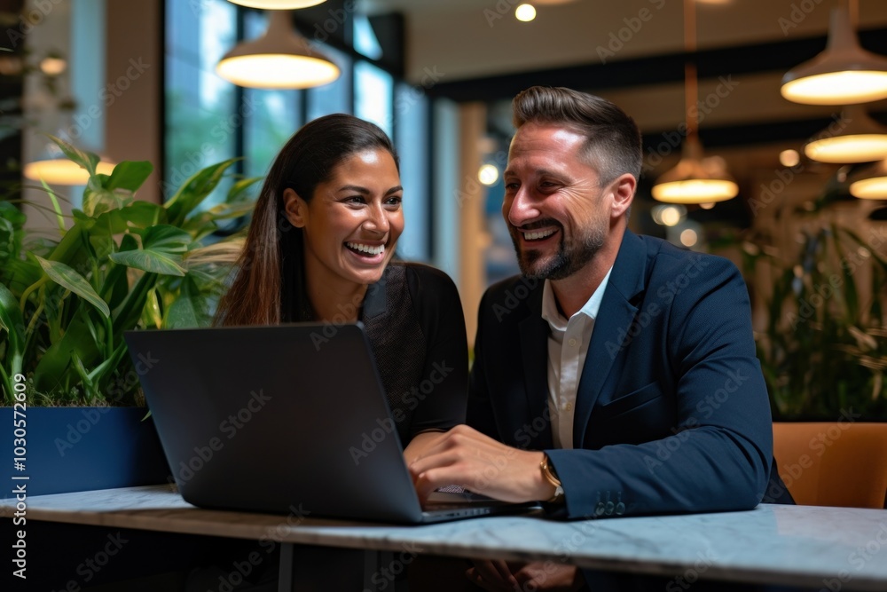 Poster Executives team laptop computer smiling.