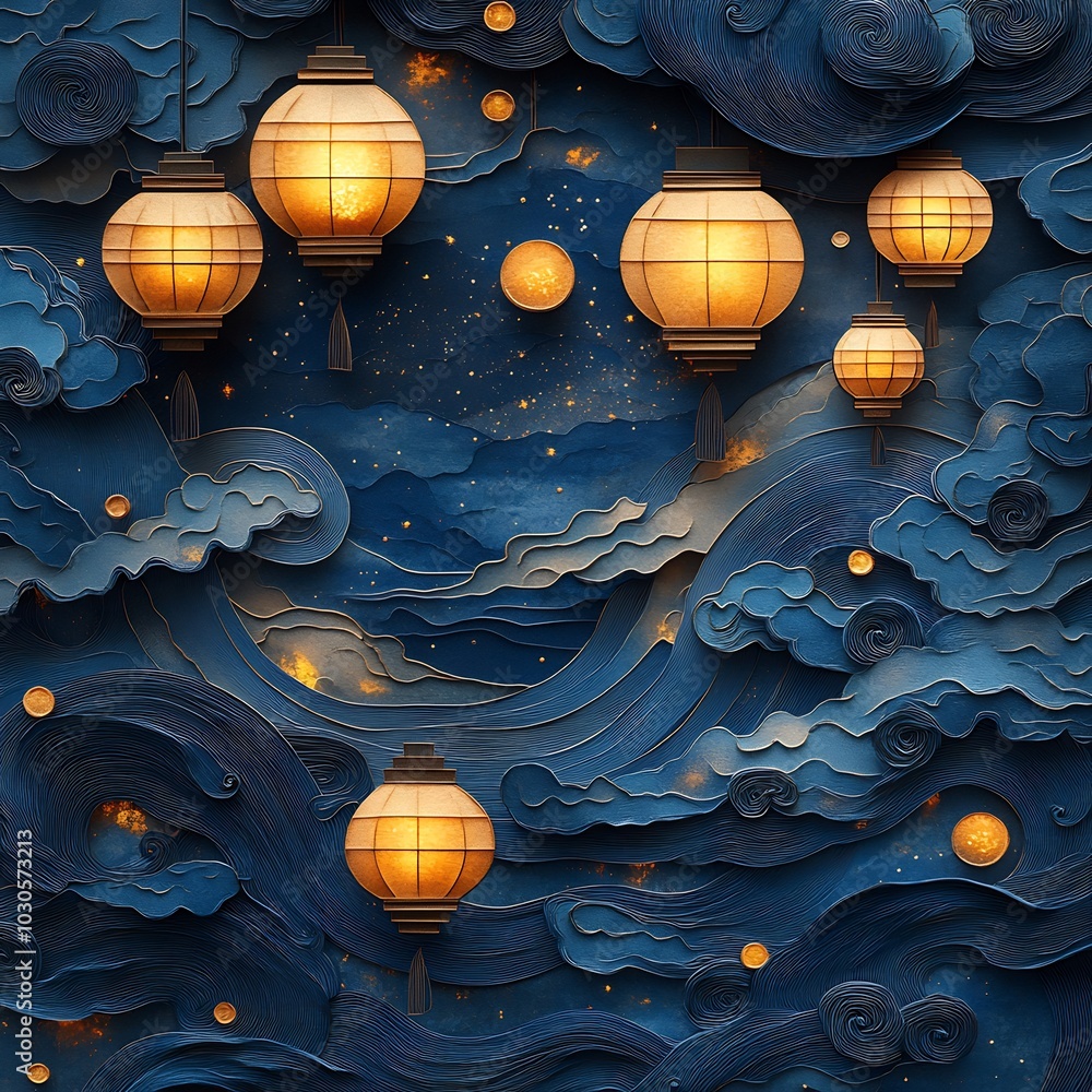 Poster dynamic paper cut style illustration featuring lanterns and swirling patterns in shades of blue and 