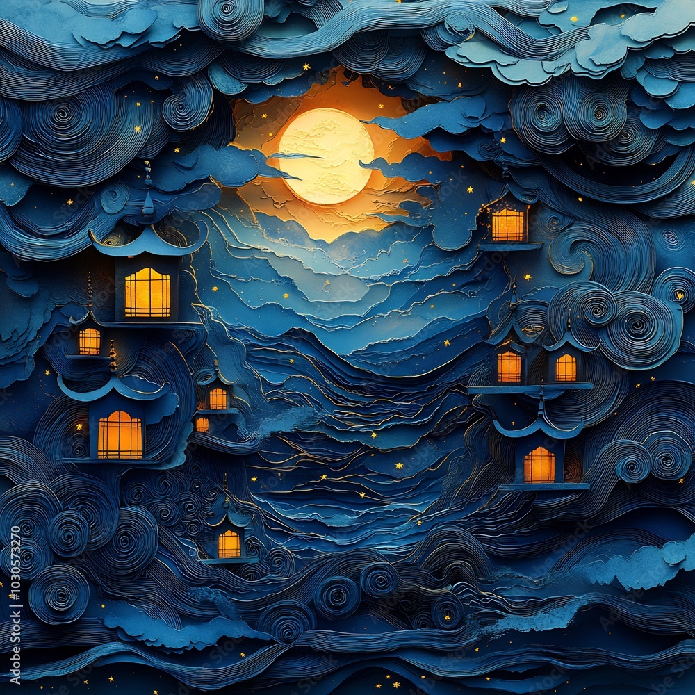Poster dynamic paper cut style illustration featuring lanterns and swirling patterns in shades of blue and 