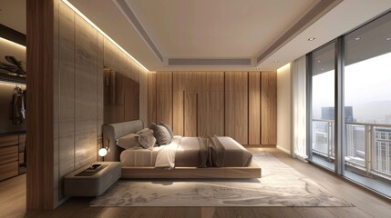 A bedroom with a custombuilt floortoceiling wooden wardrobe that maximizes storage space while emphasizing the concept of quality craftsmanship and materials. The lack of clutter further