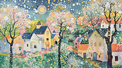 pastel impressionism, a vibrant village painting resembling the starry night, with colorful houses, blooming trees, and a serene pastel palette