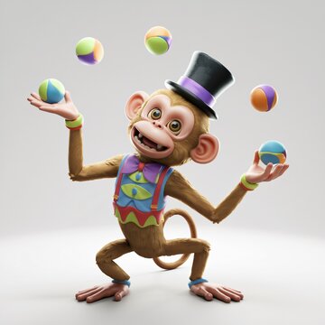 Playful 3D monkey dressed as a circus performer, wearing a colorful costume and playing ball throw, with a white background.