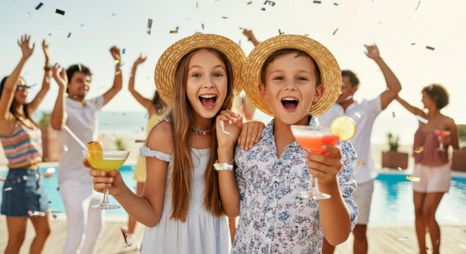 Joyful summer pool party with kids and refreshing cocktails, ideal for celebrations
