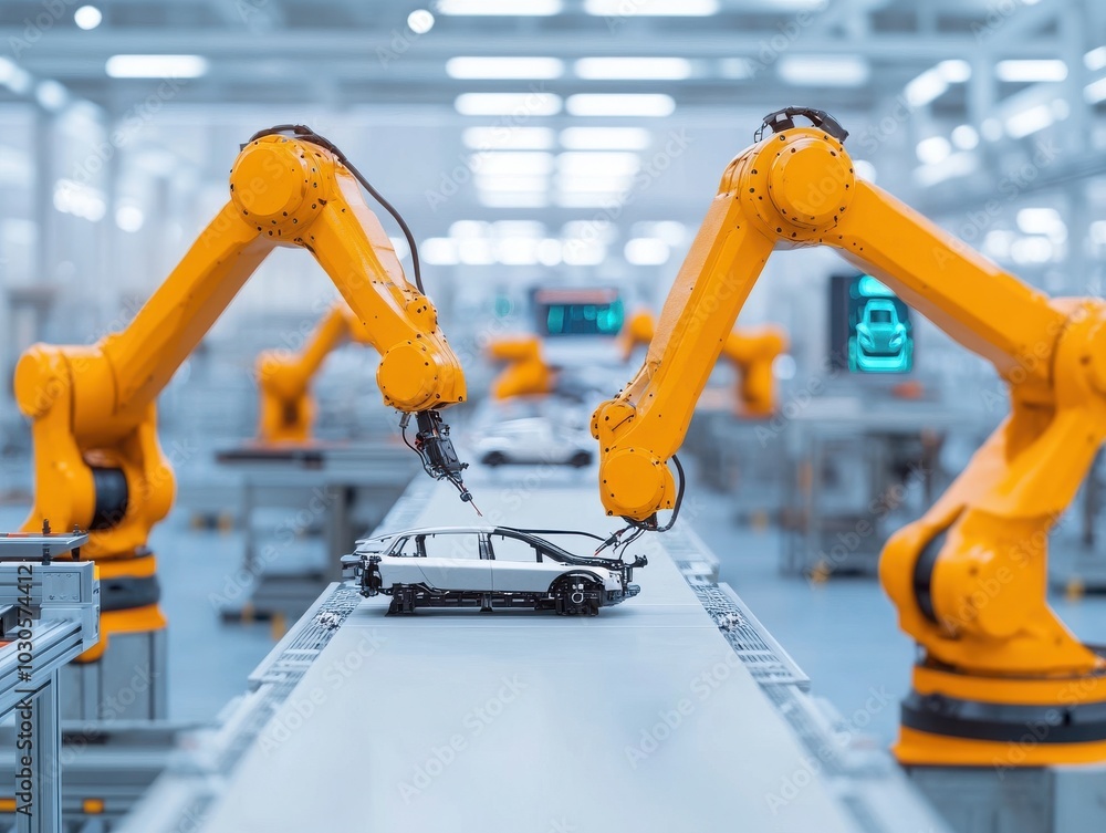 Poster robotic arms assembling a car on a production line in a modern factory setting, showcasing automatio