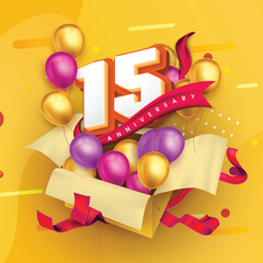 15 anniversary logo template on a gift box with a yellow background and balloons. 15th anniversary celebration featuring a red ribbon and balloons. Gift box concept for an anniversary invitation card.