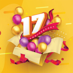 17 anniversary logo template on a gift box with a yellow background and balloons. 17th anniversary celebration featuring a red ribbon and balloons. Gift box concept for an anniversary invitation card.