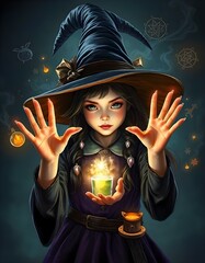 Halloween Witch Girl Casting Magic Spells