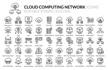 50 Cloud Computing Outline Icon Pack: Modern Icons for Cloud Technology, Data Storage, and Networking