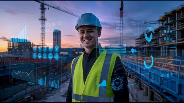 A construction worker in a hard hat and safety vest stands amidst a site with digital overlays.