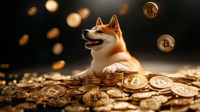 Doge, the meme dog, sitting on a comically large heap of golden coins, with cryptocurrency symbols like Dogecoin and Bitcoin scattered around, creating a humorous financial illustr