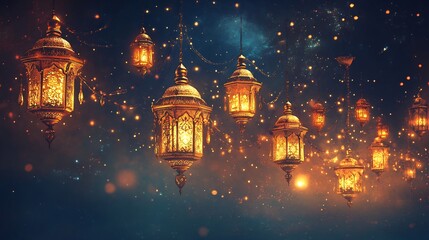 Festive illustration of Arabic traditional Ramadan decorations showcasing a garland of golden lanterns and celestial elements perfect for enhancing the ambiance of any Ramadan celebration