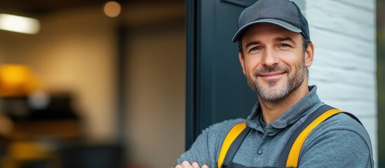 A smiling handyman stands outside a building, ready to work.