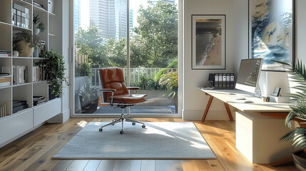 Sleek and minimalist home office setup with a sleek desk, ergonomic chair, minimalist decor, and ample natural light, offering a functional and aesthetic workspace.