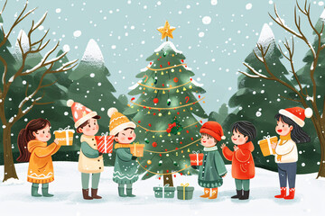 Happy children sit in front of christmas tree in snowy forest and give each other New Year gifts. Winter holidays playing in snow outdoors concept.