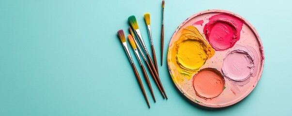 Naklejka premium Vibrant paint palette and brushes on a turquoise surface – a creative workspace for artists and enthusiasts