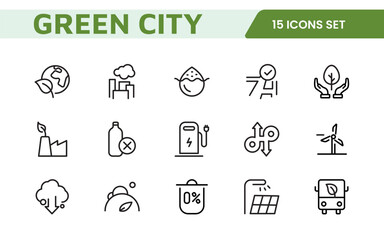 Line icons about green city. Sustainable development. Contains such icons as renewable energy, autonomous building, air and water quality.