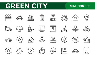 Line icons about green city. Sustainable development. Contains such icons as renewable energy, autonomous building, air and water quality.