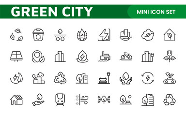 Line icons about green city. Sustainable development. Contains such icons as renewable energy, autonomous building, air and water quality.