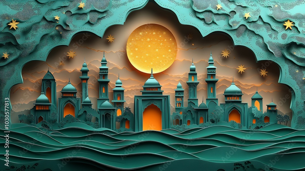 Poster festive paper cut design with layered lanterns and stars in various shades of green arranged symmetr
