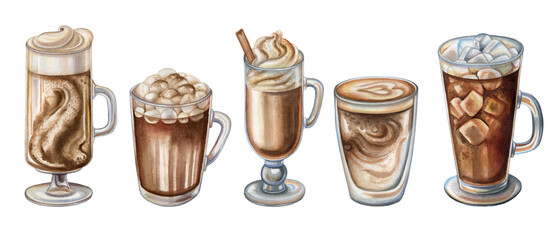 Various Hot And Iced Coffee beverages. Iced Coffee, Latte, Hot Chocolate, Black Coffee And Other Assorted Drinks. Watercolor Coffee Mugs Illustration isolated on white. 