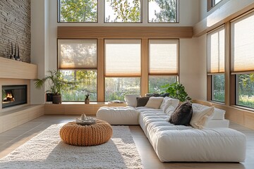 Obraz premium Modern Interior Window with Energy-Efficient Cellular Shades and Honeycomb Design for Thermal Insulation