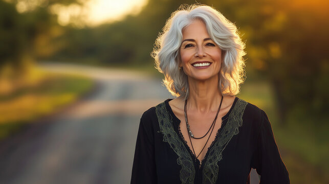 A senior woman smiling warmly as she stands on a country road at golden hour, the light of the setting sun framing her in a beautiful golden glow, representing positive aging and f