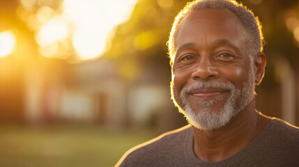 A close-up portrait of a senior man smiling in the golden hour light, his eyes crinkled with joy, reflecting a sense of fulfillment and embracing aging with grace.