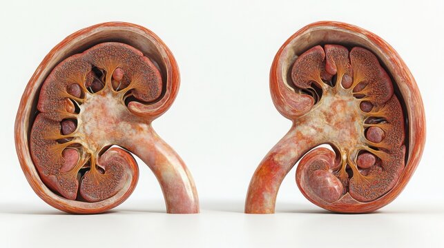 human kidneys with one cut in half, showing the inner structure, renal cortex, medulla, and nephrons