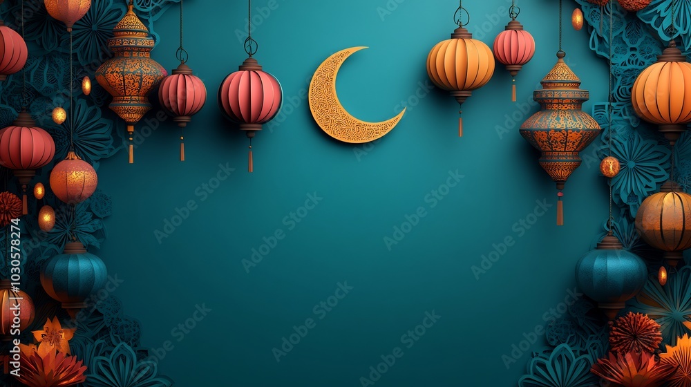 Poster festive paper cut style banner with colorful lanterns arranged in a circular pattern surrounding a c
