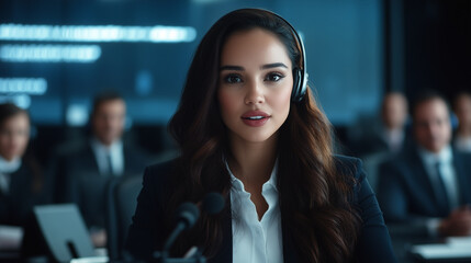 A professional woman with a headset mic confidently addressing a room of executives and business leaders, her energy driving the corporate conversation in a modern boardroom settin