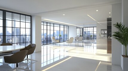 Fototapeta premium Modern office interior with city views and sleek design.