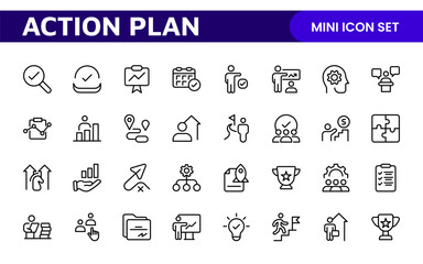 Line icons about action plan. Contains such icons as search strategy, target, scheme, timeline and workflow.Action plan set of web icons in line style. Strategy action planning icons.