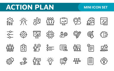Line icons about action plan. Contains such icons as search strategy, target, scheme, timeline and workflow.Action plan set of web icons in line style. Strategy action planning icons.