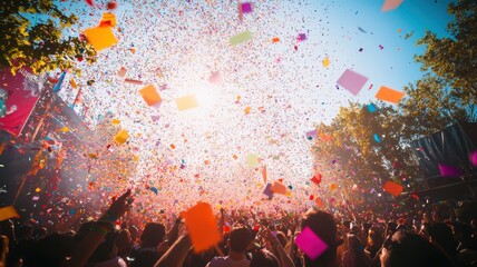 Confetti explosion in sunny sky