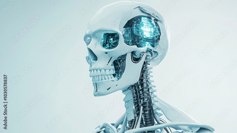Poster a human skeleton with bones enhanced by advanced technology, with some of the bone structure replace