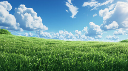 Obraz premium A sprawling green meadow stretching toward the horizon under a bright blue sky, dotted with fluffy white clouds, evoking a sense of endless freedom and serenity.