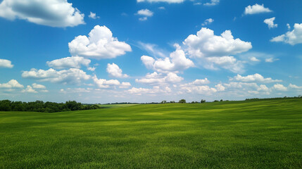 Obraz premium A sprawling green meadow stretching toward the horizon under a bright blue sky, dotted with fluffy white clouds, evoking a sense of endless freedom and serenity.
