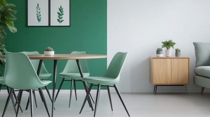 Stylish dining area featuring green chairs, wooden table, and modern decor. Perfect for interior design inspiration.