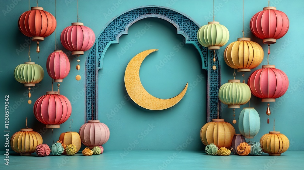 Poster festive paper cut style banner with colorful lanterns arranged in a circular pattern surrounding a c