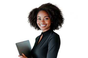 Professional woman with curly natural hair in black blazer holding tablet, confident smile, corporate headshot, business attire, isolated PNG on transparent background, warm lighting, mid-shot.