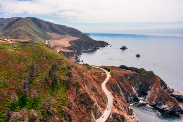 Highway 1 and Big Sur along the Pacific Ocean coast, beautiful landscape and aerial view, sunset, sunrise, fog. Concept, travel, vacation, weekend