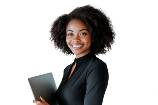 Professional woman with curly natural hair in black blazer holding tablet, confident smile, corporate headshot, business attire, isolated PNG on transparent background, warm lighting, mid-shot.


