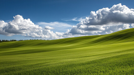 Obraz premium A rolling green landscape under a sky painted with soft white clouds, the bright sunlight illuminating the field and creating a peaceful, refreshing atmosphere.