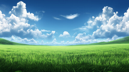 Obraz premium A rich, green plain with a wide-open sky above, where fluffy clouds float peacefully in the vast expanse, symbolizing the beauty of untouched nature and open possibilities.