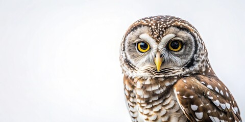 Obraz premium Highkey photography of a fisheye spotted owl set against a white background