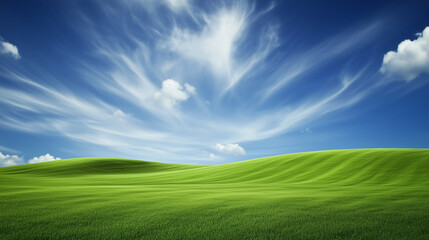 Obraz premium A sprawling field of green, stretching as far as the eye can see under a brilliant blue sky, with soft, white clouds lazily drifting across the horizon, evoking purity and natural