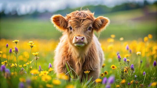 Highland cow calf in meadow with spring flowers, fisheye view